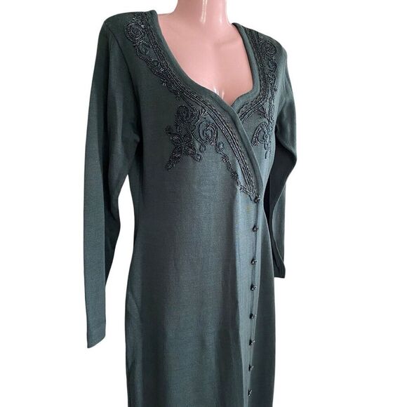 Vintage Carole Little Maxi Dress Womens Medium Green Beaded Sweater Knit Bodycon - Picture 3 of 6